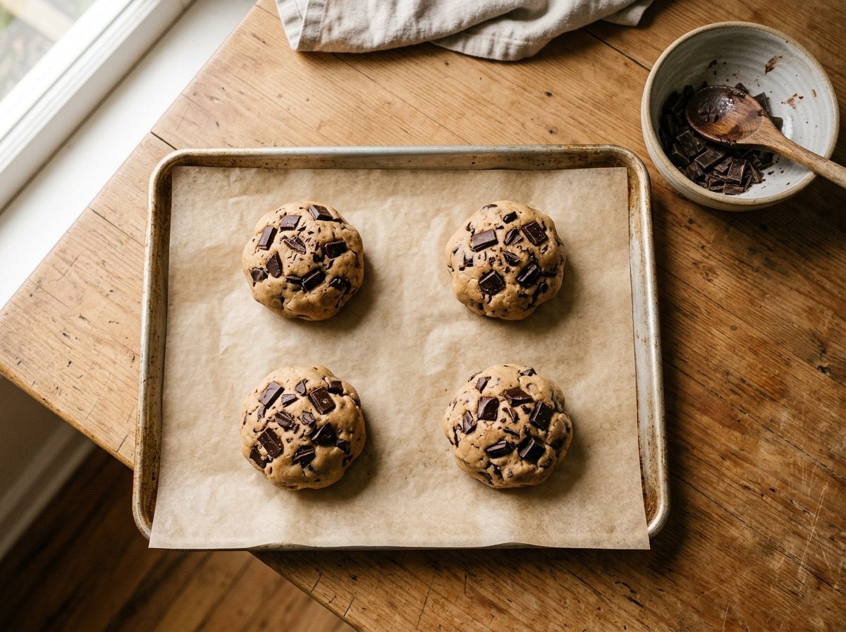 Four portions of small batch chocolate chip cookies dough studded with chocolate chunks on a parchment lined baking sheet