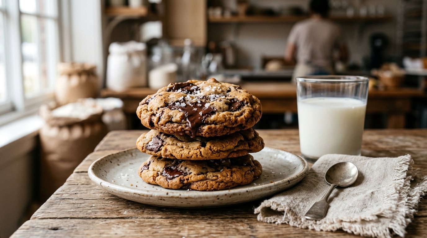 Stack of fresh bakery style small batch chocolate chip cookies on a ceramic plate with flaky sea salt and a glass of milk