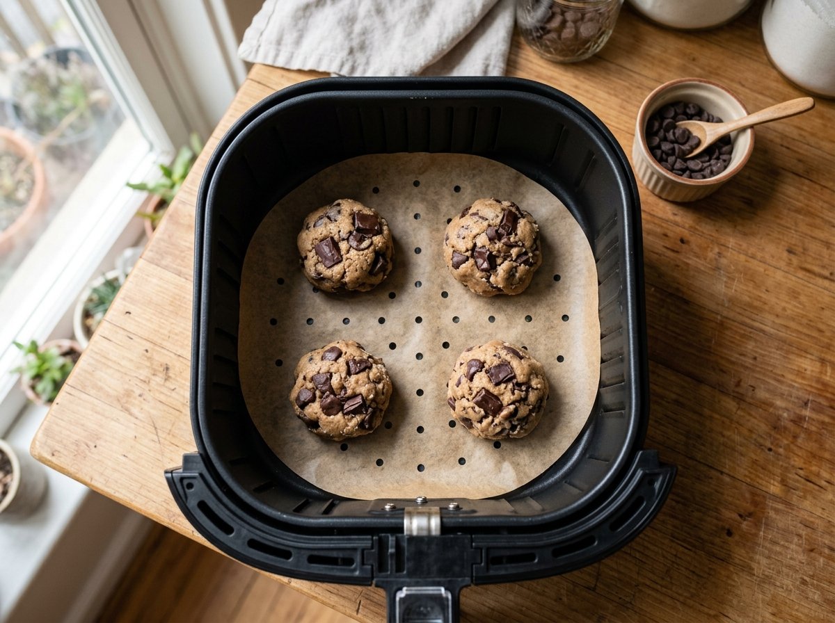 Four portions of air fryer chocolate chip cookies from scratch dough arranged on perforated parchment paper in a basket
