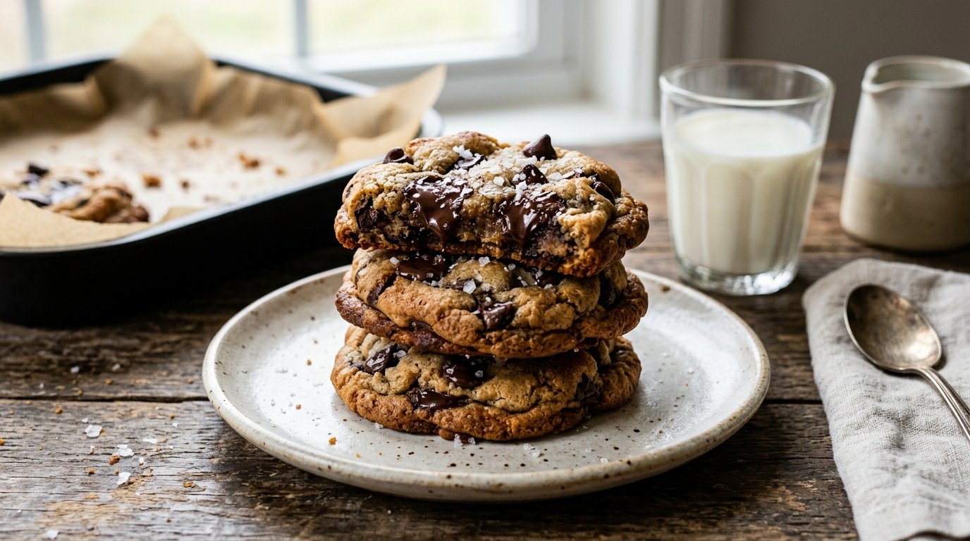 Stack of freshly baked air fryer chocolate chip cookies from scratch on a ceramic plate with flaky sea salt