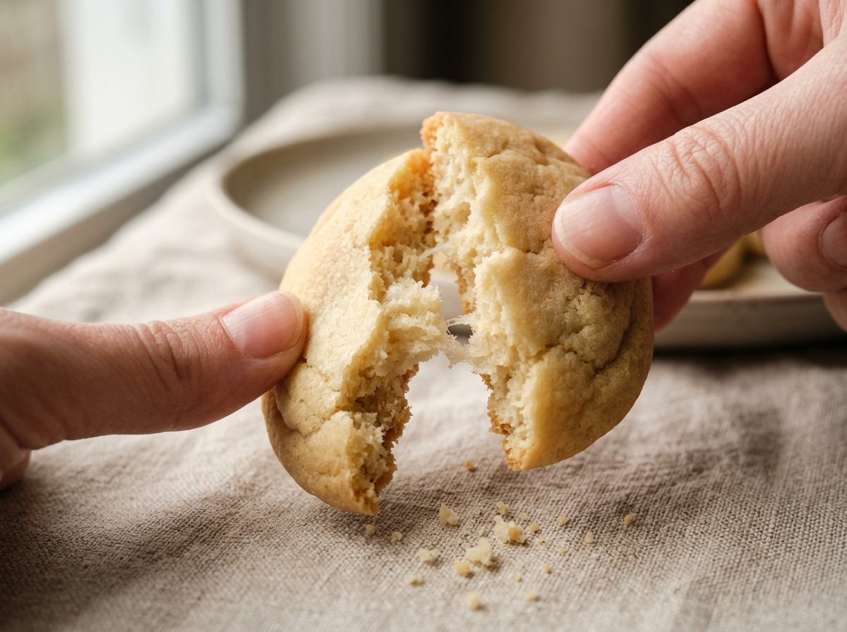 Breaking open a warm chewy condensed milk cookie with 3 ingredients showing soft tender melt-in-mouth crumb