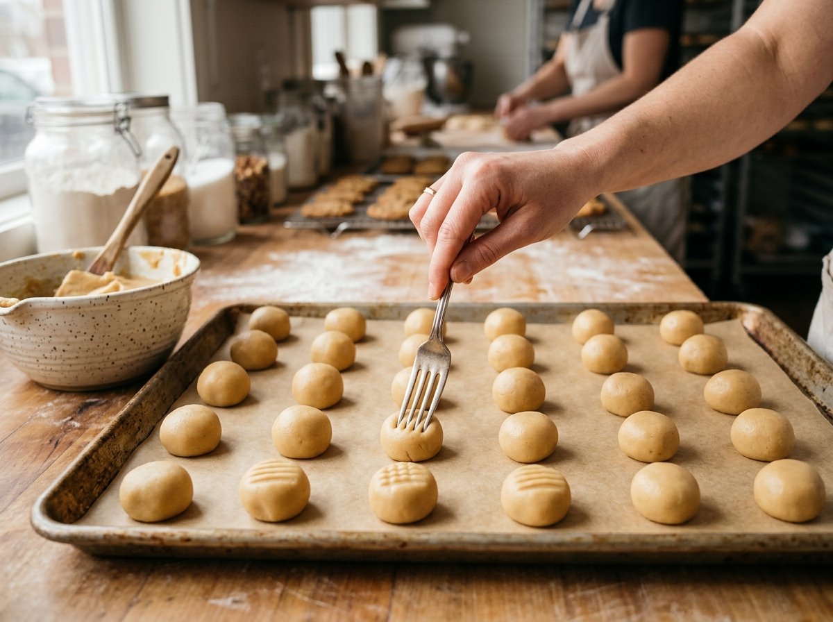 Pressing a fork crisscross pattern into chewy condensed milk cookies with 3 ingredients dough balls on a baking pan