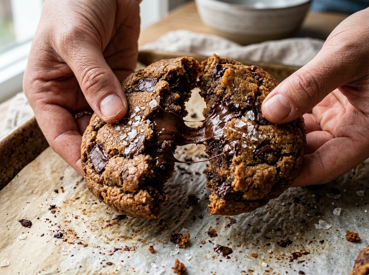 Breaking open warm chewy brown butter chocolate chip cookies without brown sugar showing gooey melted chocolate center