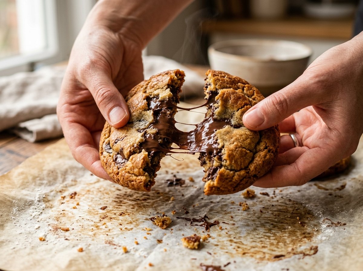 Breaking open a warm small batch chocolate chip cookie showing a chewy center with gooey melted chocolate pull