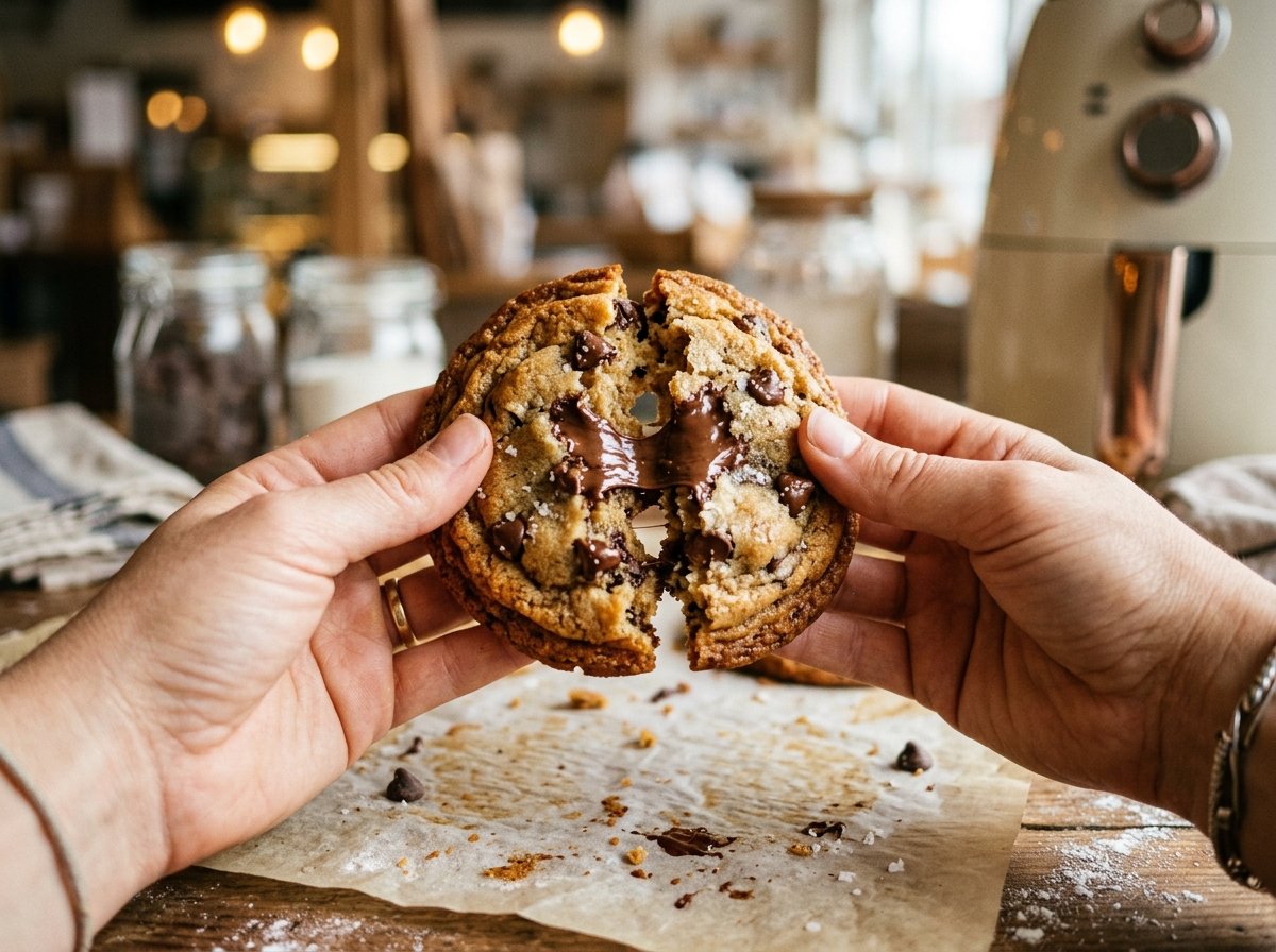 Breaking open warm air fryer chocolate chip cookies from scratch showing a soft gooey melted chocolate center