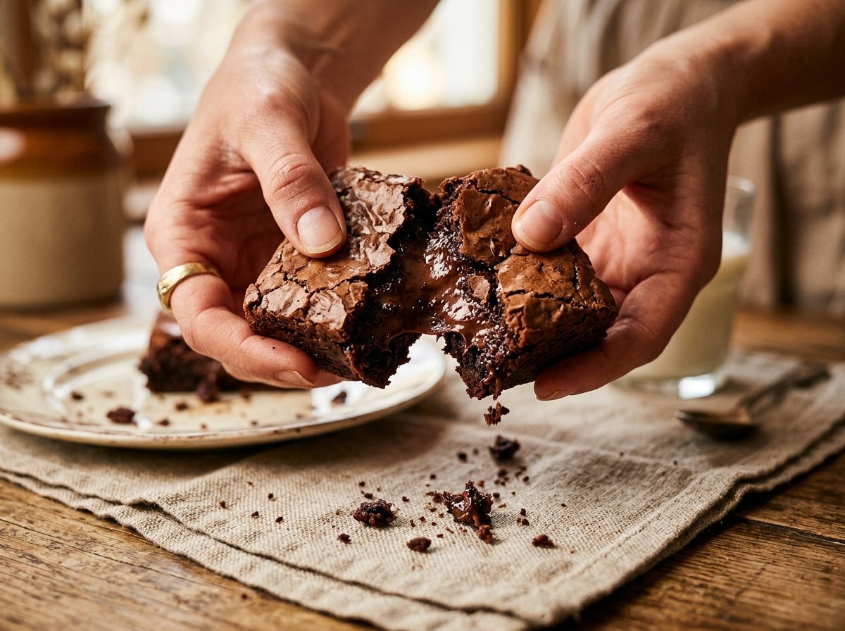 Hands pulling apart warm fudgy nutella brownies with 3 ingredients showing gooey melted chocolate center