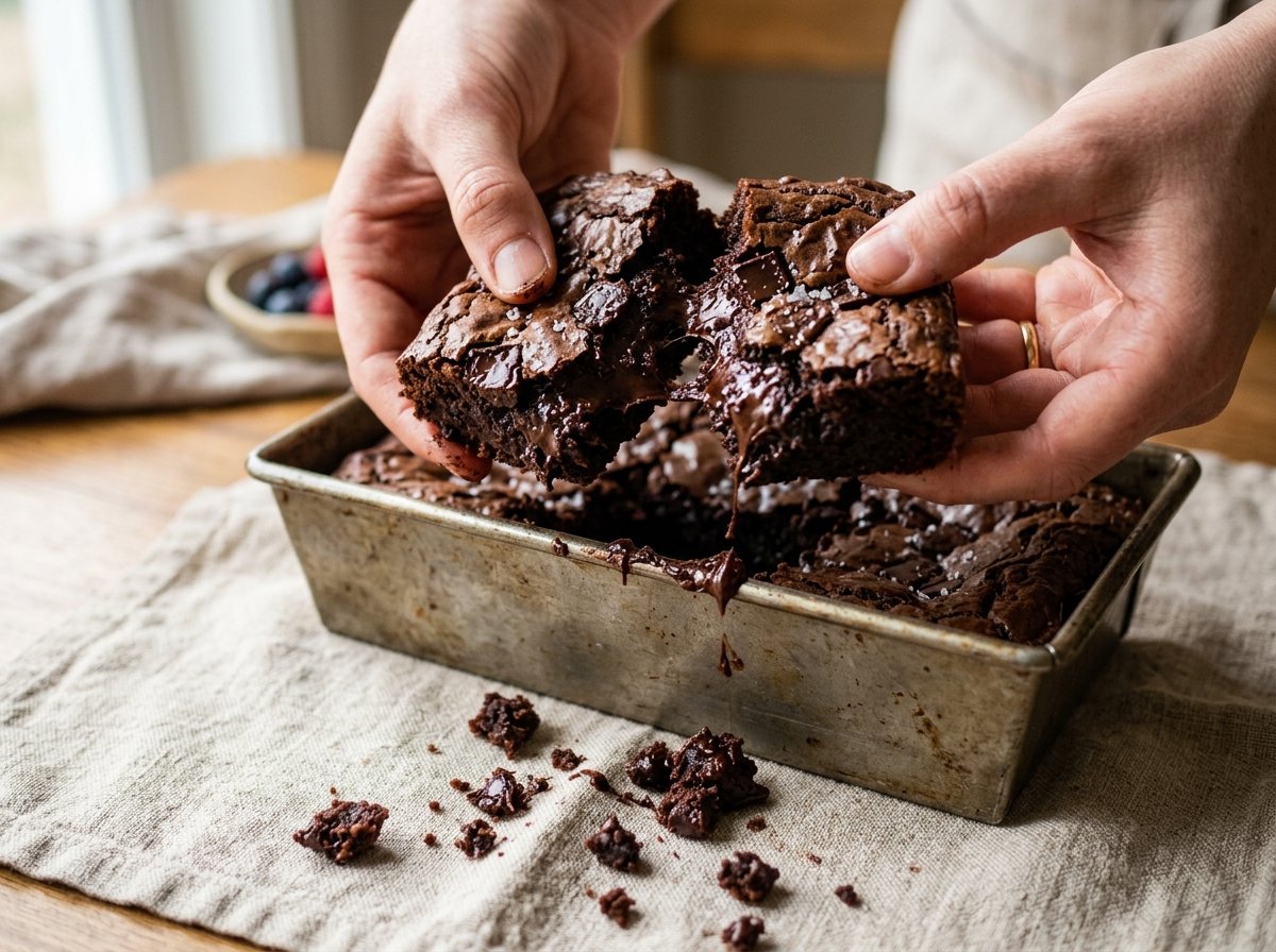 Hands pulling apart warm small batch fudgy brownies in loaf pan showing rich gooey chocolate interior