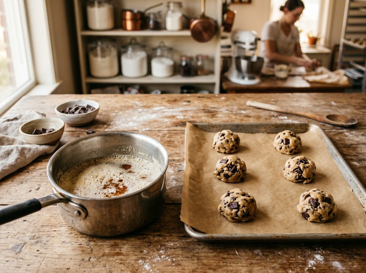 Saucepan of foaming melted brown butter next to portioned dough balls for brown butter chocolate chip cookies without brown sugar