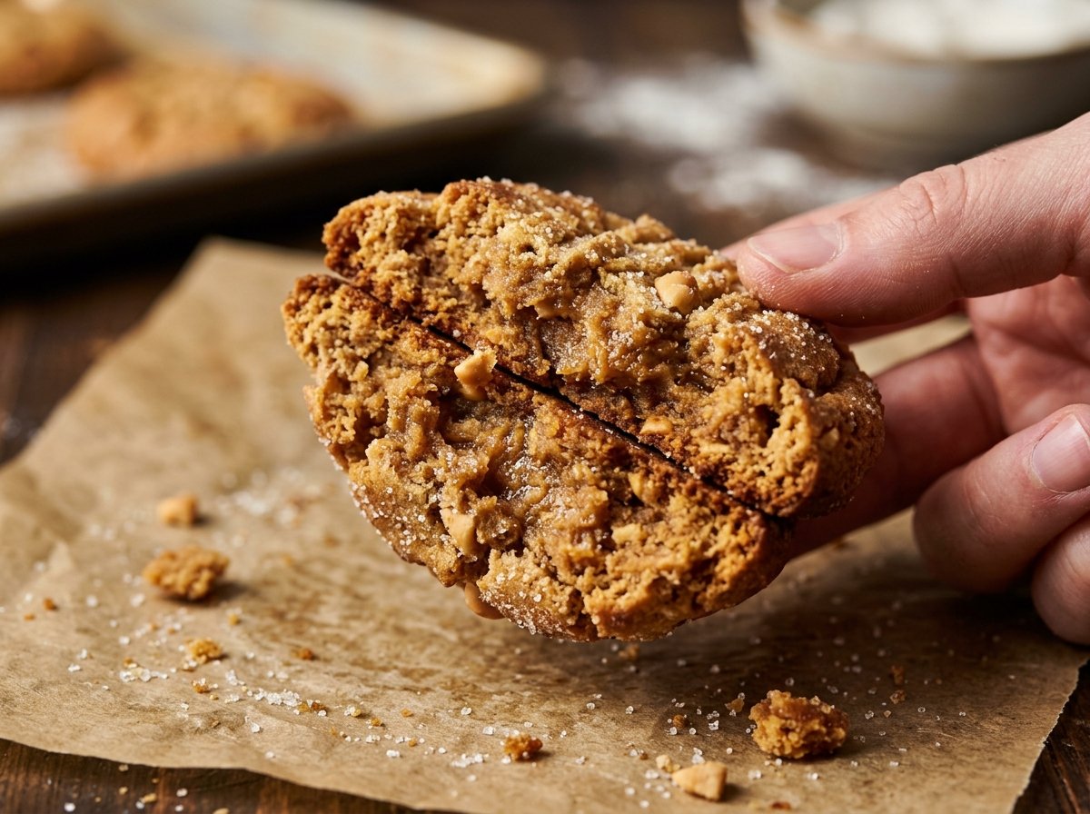 Chewy interior texture and cross section of 3 ingredient peanut butter cookies without flour