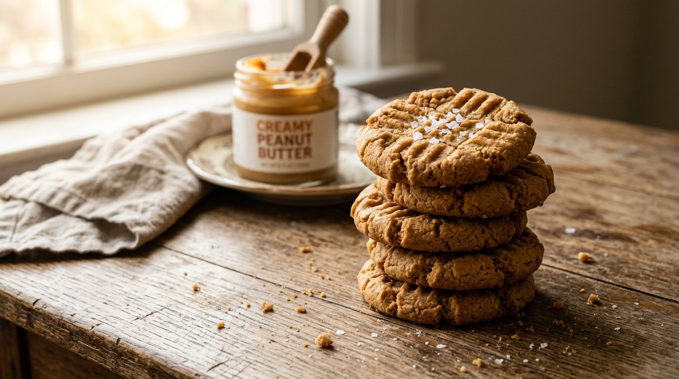 Freshly baked 3 ingredient peanut butter cookies without flour with fork marks on a wooden table