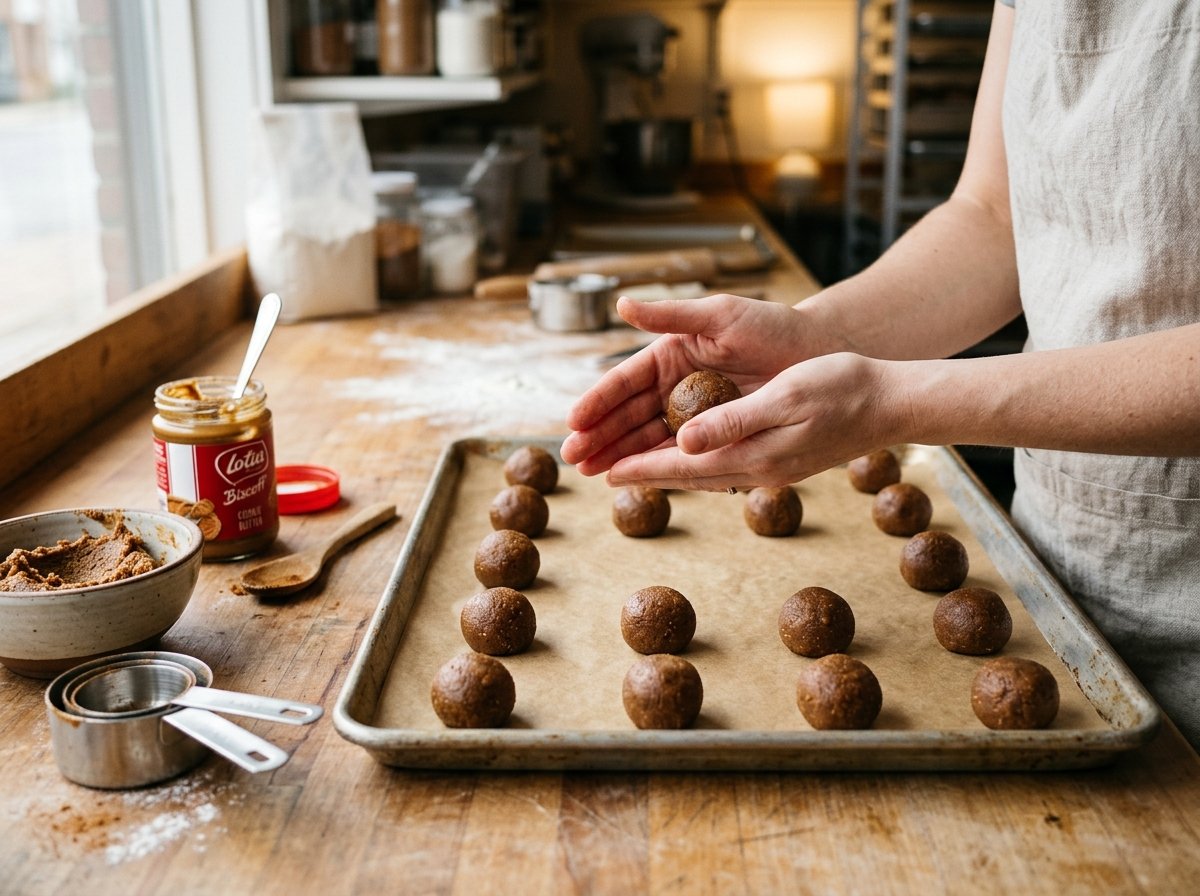 Rolling round dough balls for biscoff butter cookies with 4 ingredients on a parchment lined baking pan