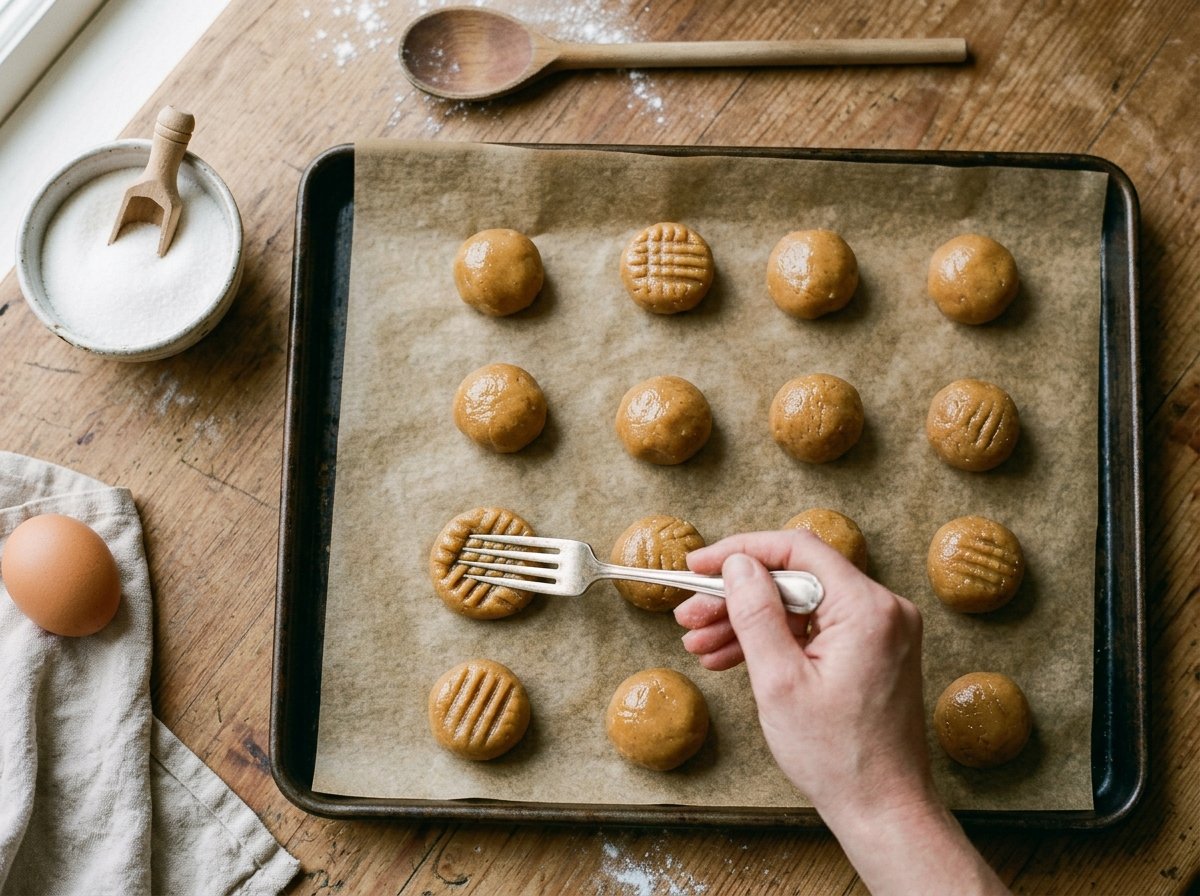 Pressing criss-cross fork pattern into 3 ingredient peanut butter cookies without flour dough balls