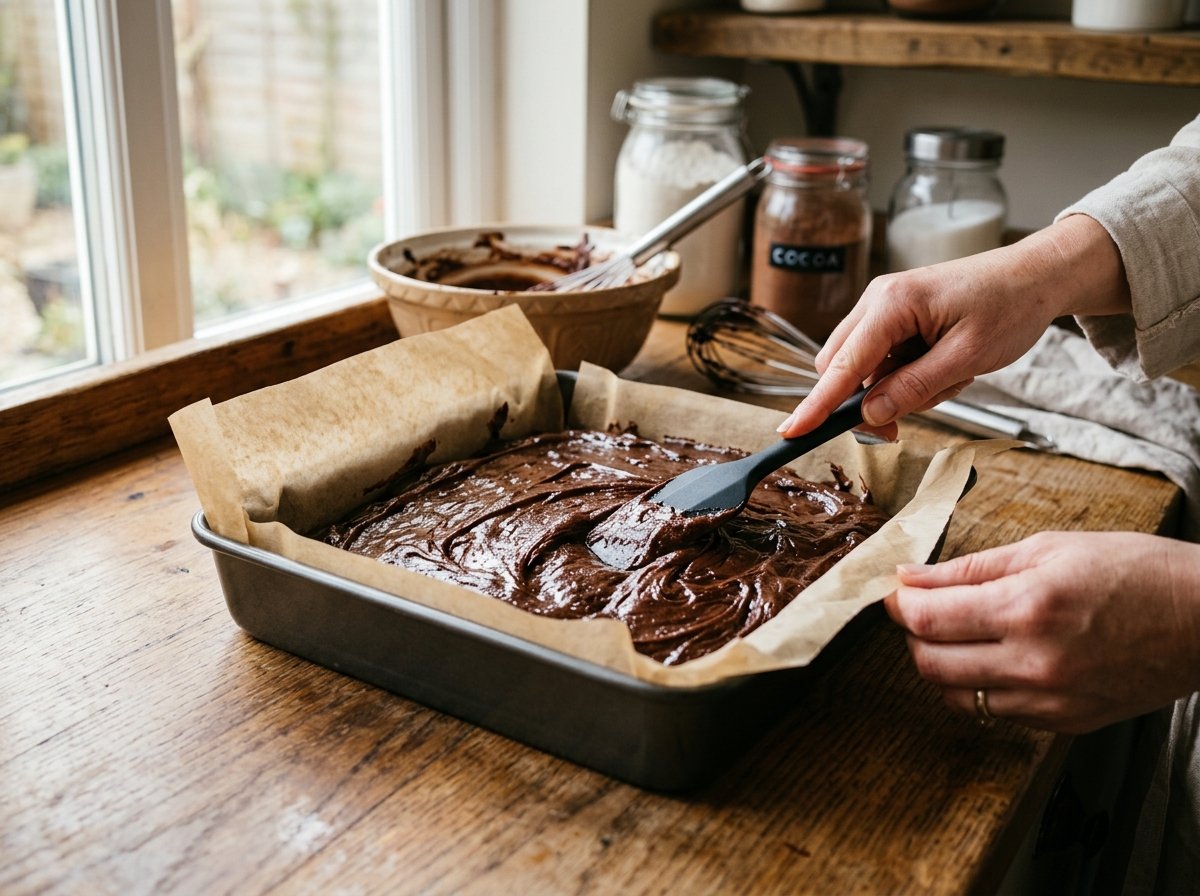 Smoothing glossy chocolate batter for fudgy nutella brownies with 3 ingredients into a parchment lined baking pan