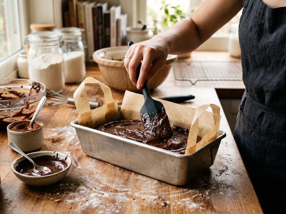 Spreading glossy chocolate batter for small batch fudgy brownies in loaf pan into a parchment lined metal tin