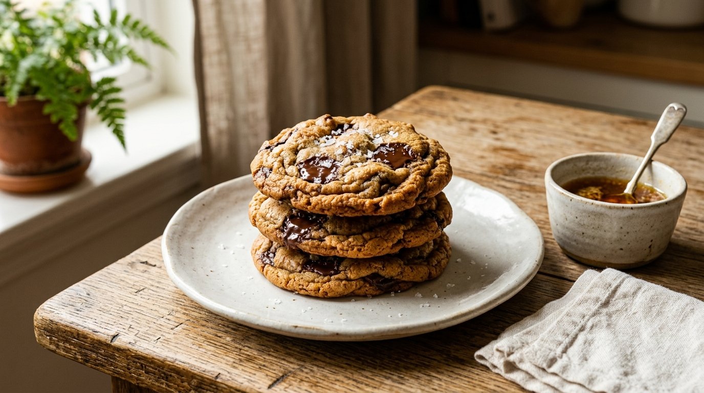 Stack of freshly baked chewy brown butter chocolate chip cookies without brown sugar on a ceramic plate