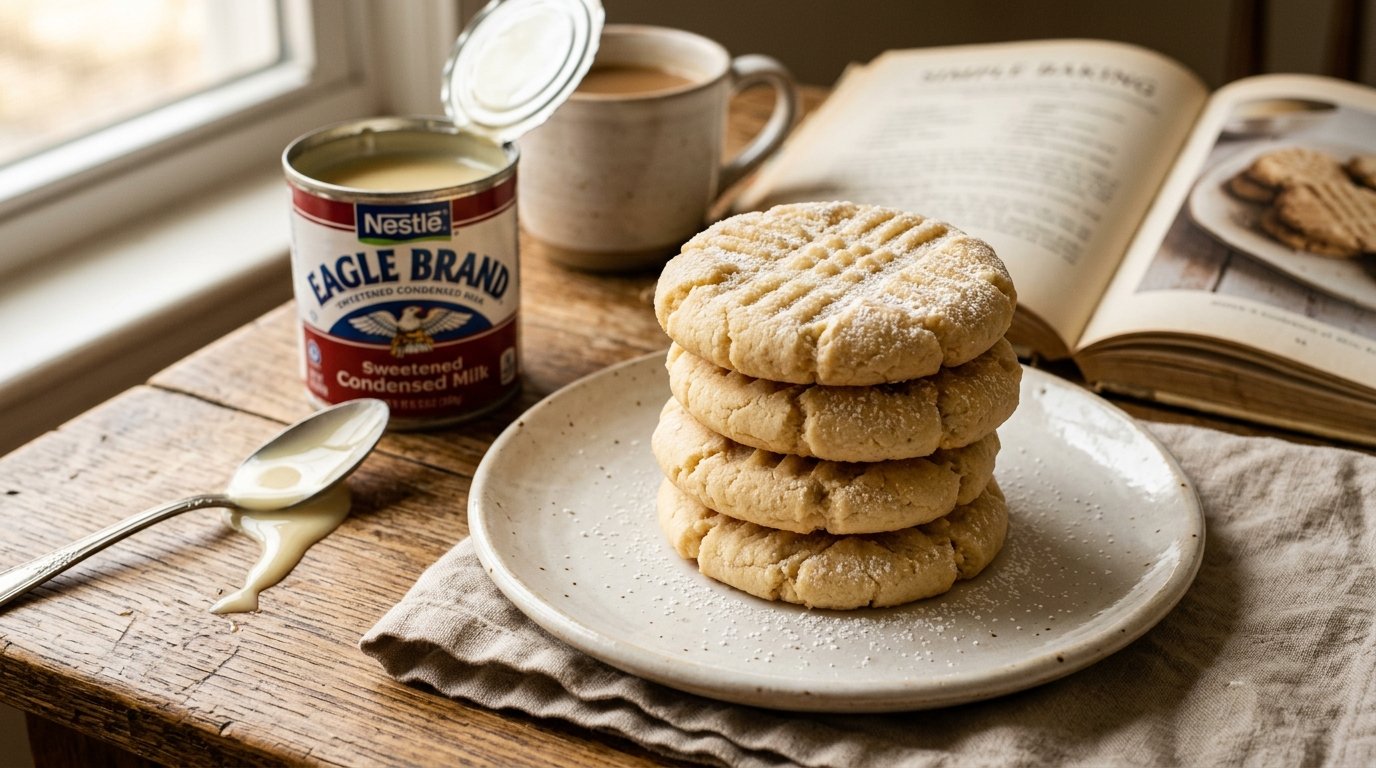 Stack of freshly baked chewy condensed milk cookies with 3 ingredients on a plate next to a can of condensed milk