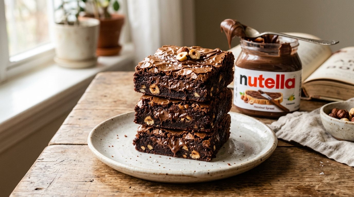 Stack of thick fudgy nutella brownies with 3 ingredients on a plate next to a jar of hazelnut spread