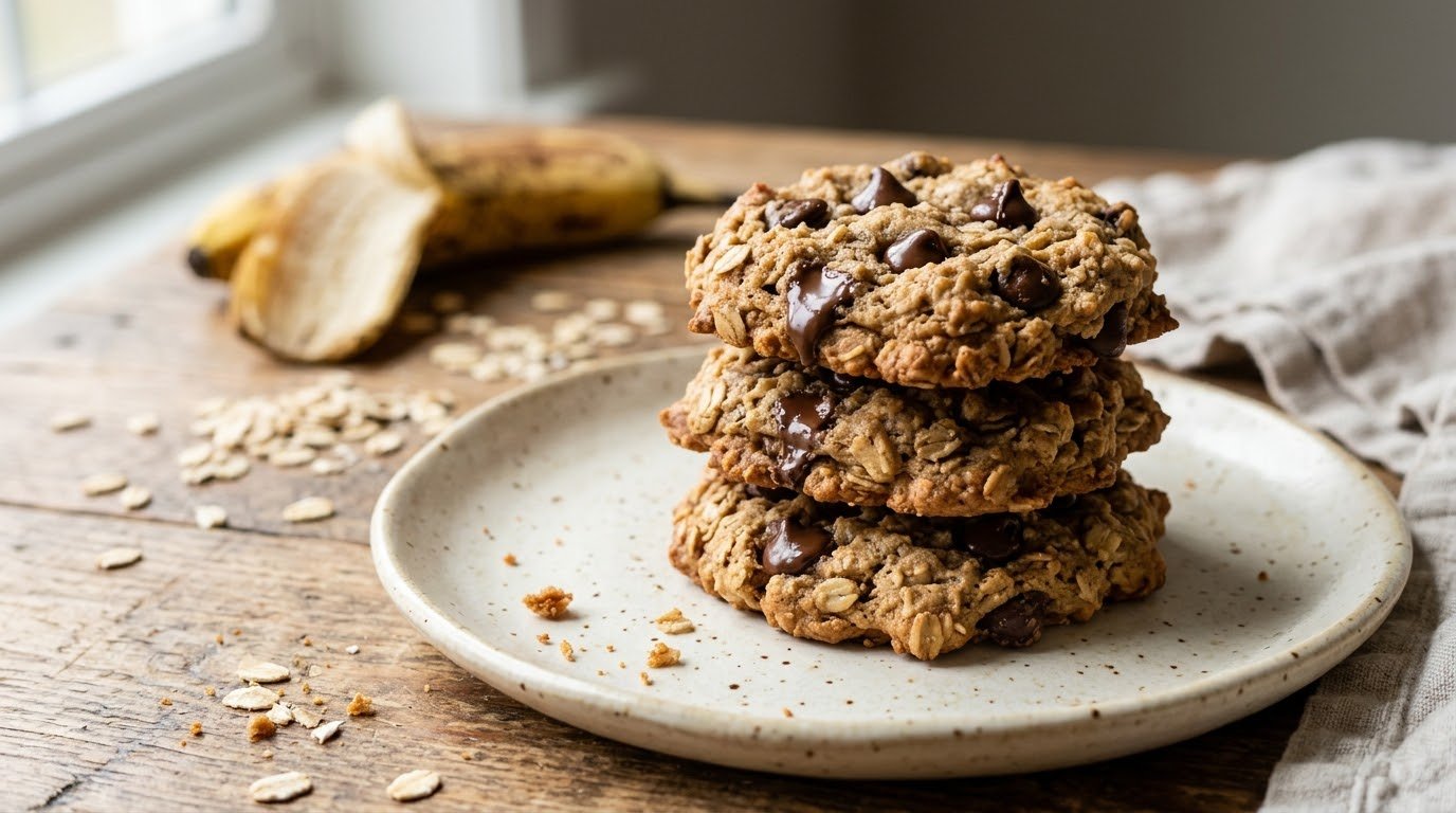 A stack of three thick, chewy banana oatmeal cookies with melted chocolate chips on a speckled ceramic plate, set on a rustic wooden table with scattered oats and a peeled banana in the background