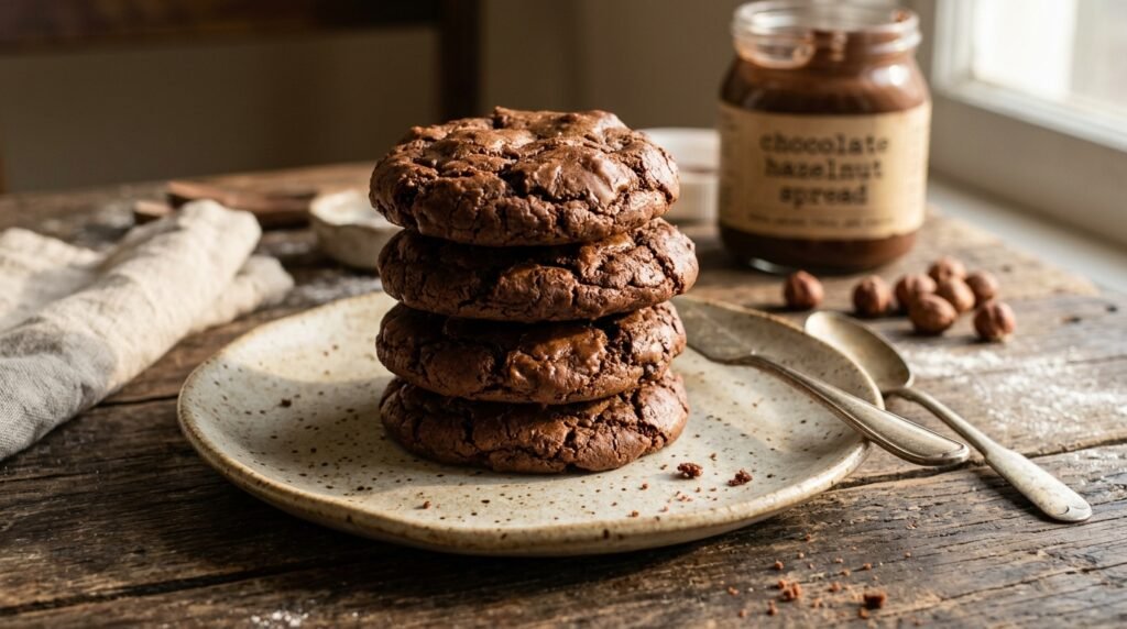 A stack of four thick, crinkle-top chocolate cookies on a speckled ceramic plate, with a jar of chocolate hazelnut spread and scattered whole hazelnuts in the background.