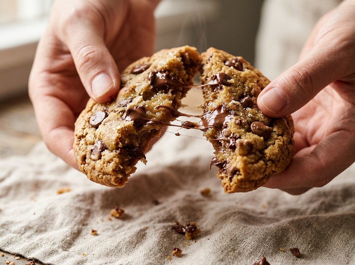 Two hands breaking open a warm, soft-baked chocolate chip cookie, revealing a gooey center with stretched, melted chocolate threads over a linen cloth