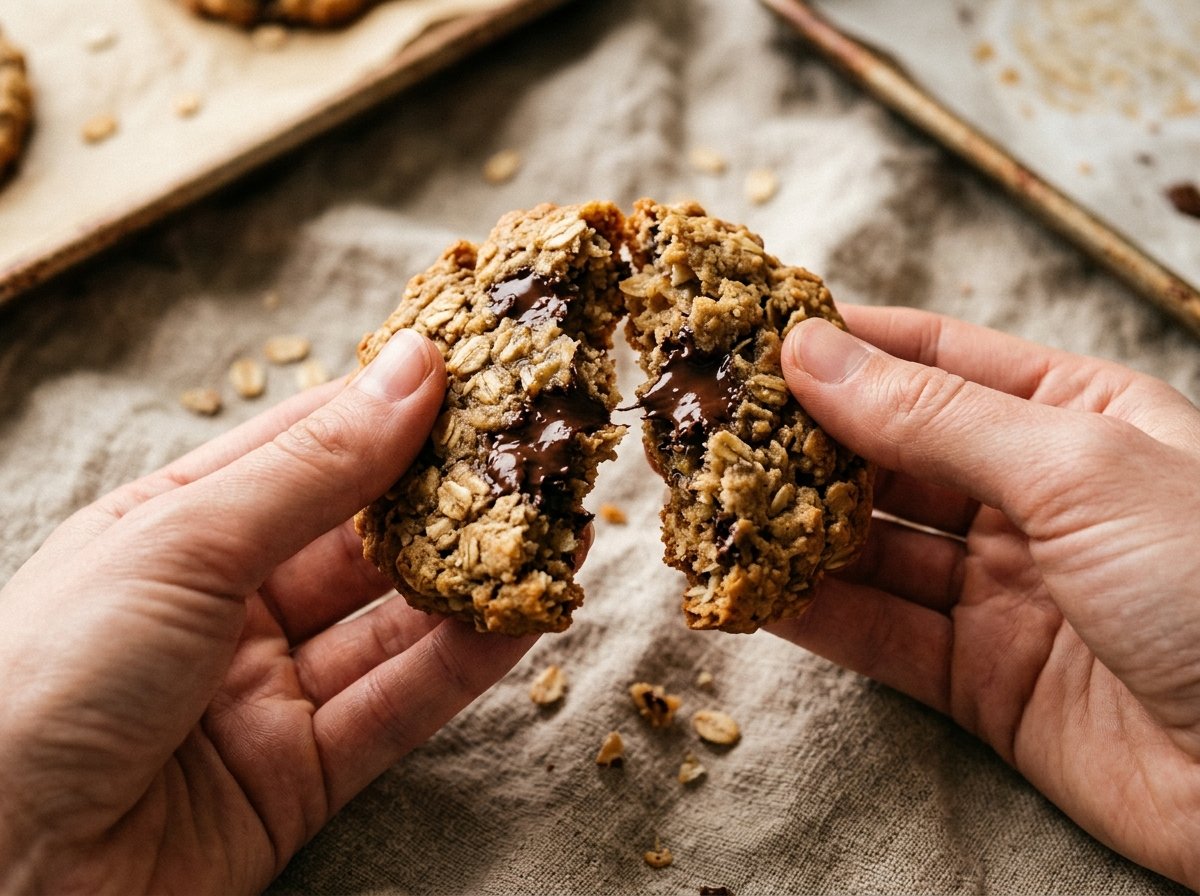 Two hands pulling apart a warm, soft-baked banana oatmeal cookie, revealing a gooey melted chocolate center over a natural linen cloth