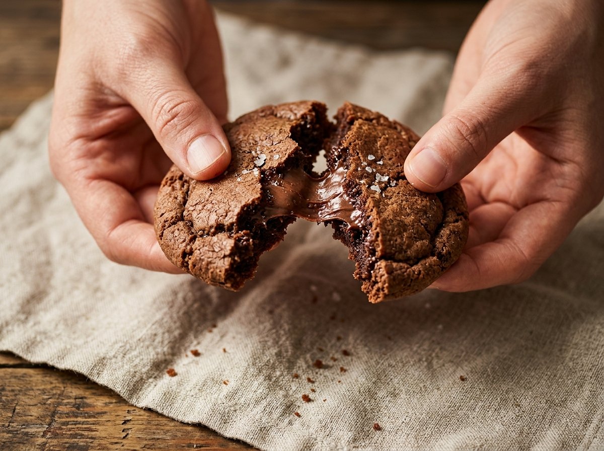 Two hands breaking apart a warm chocolate cookie to reveal a gooey, stretched melted center, sprinkled with flaky sea salt over a linen cloth