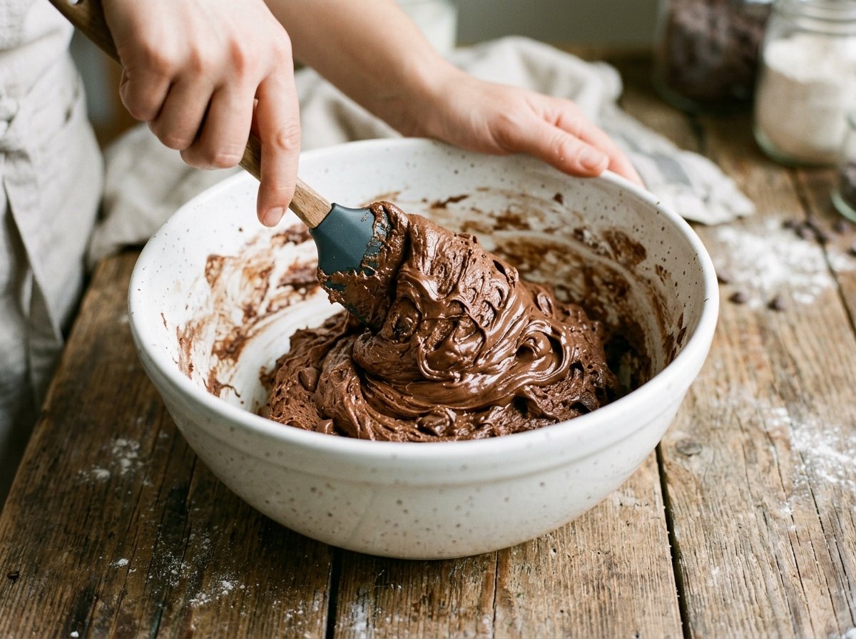 Hands using a silicone spatula to fold thick, glossy chocolate cookie dough inside a speckled white ceramic bowl on a rustic wooden counter