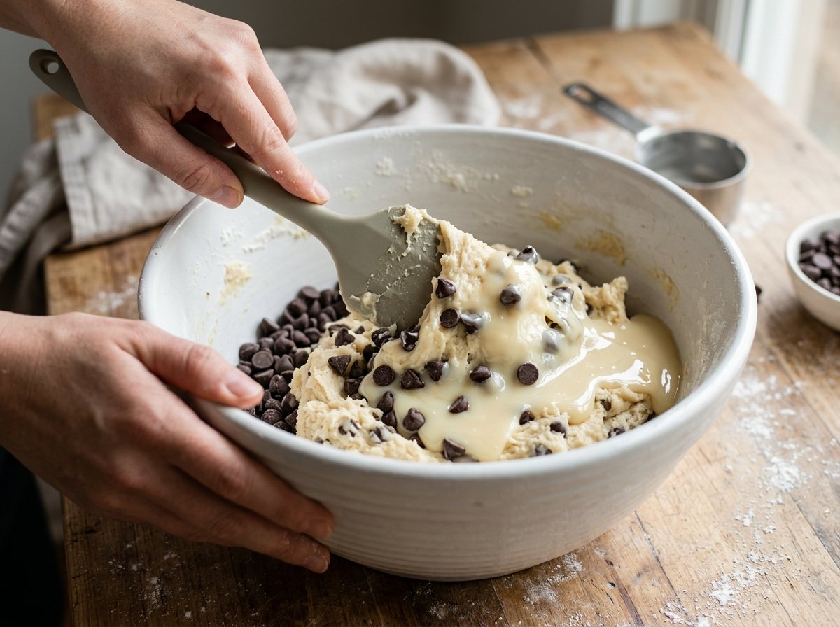 Hands using a silicone spatula to fold thick vanilla cookie dough and semi-sweet chocolate chips into sweetened condensed milk inside a white ceramic bowl