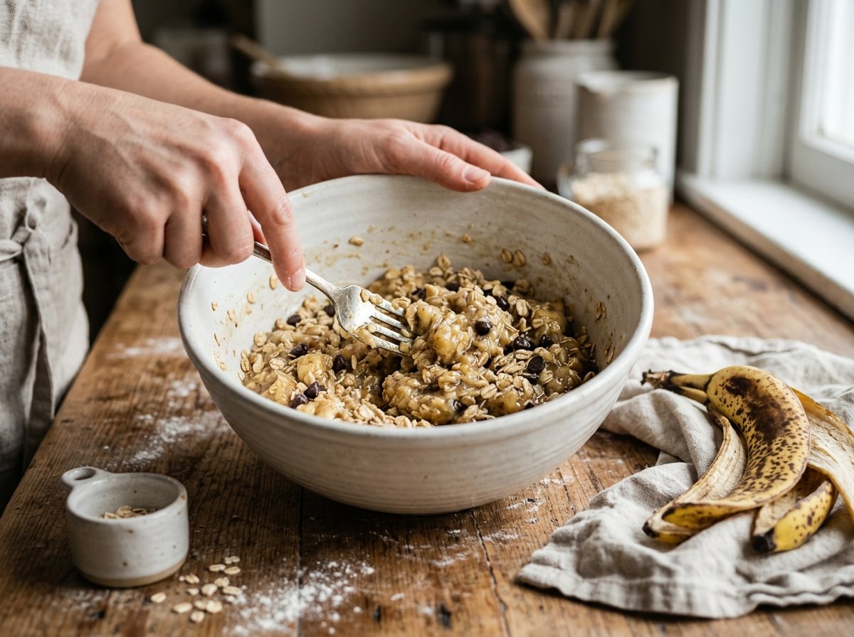 Hands using a silver fork to mix rolled oats, mashed bananas, and chocolate chips in a large white ceramic bowl on a wooden counter, with a spotty banana peel resting on a cloth nearby