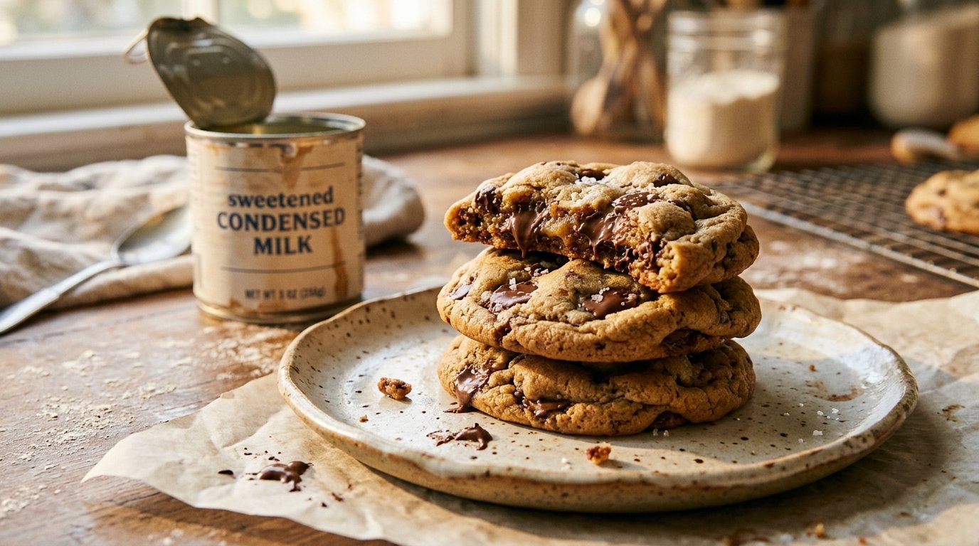 A stack of thick, gooey condensed milk chocolate chip cookies on a handcrafted ceramic plate, with an opened tin of sweetened condensed milk in the warm, naturally lit background
